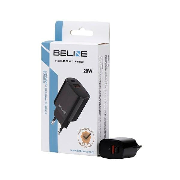 Мрежово зарядно Beline с 1x USB-C + 1x USB-A, PD 3.0 + QC 3.0, черен (само глава)