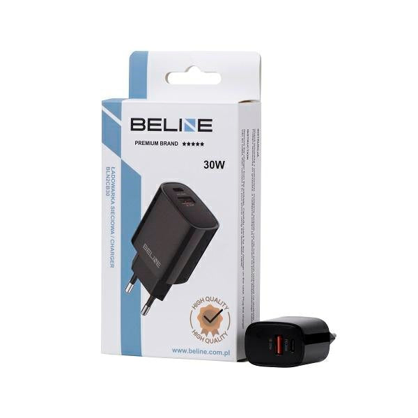 Зарядно Beline 1x USB-C + 1x USB-A, черен, PD 3.0 + QC 3.0, GaN