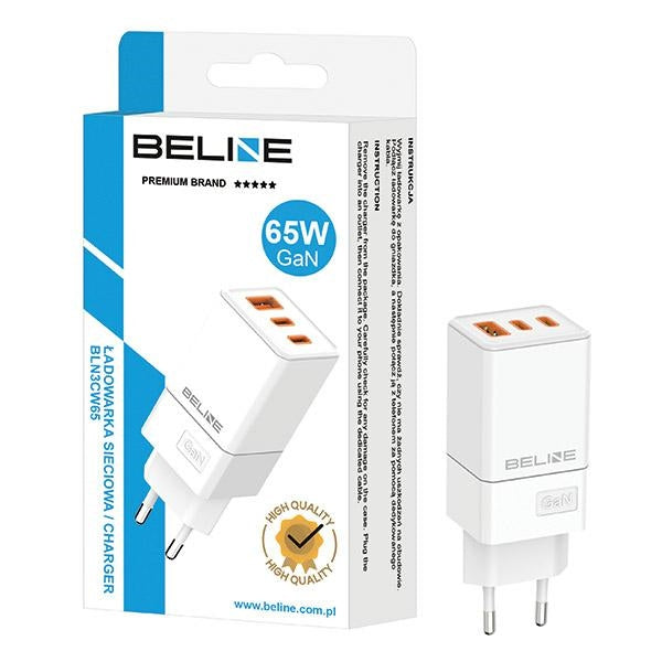 Зарядно Beline 2x USB-C + 1x USB-A 65W GaN PD 3.0 + QC 3.0, бяло