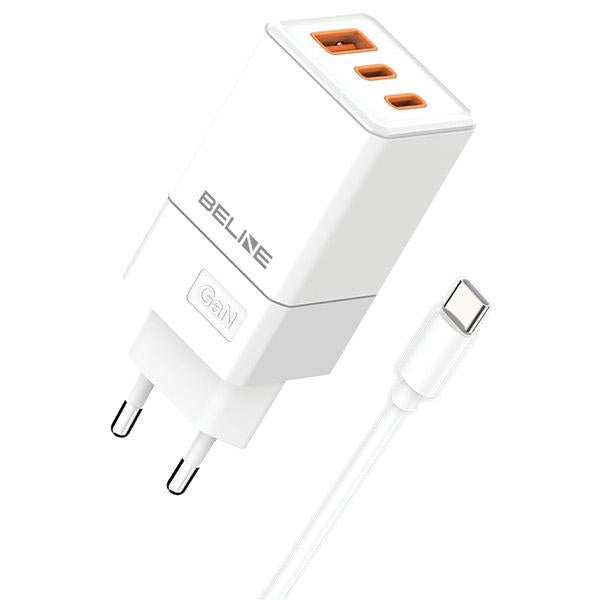 Зарядно Beline 2x USB-C + 1x USB-A 65W+ с кабел, бял, PD 3.0 + QC 3.0, GaN