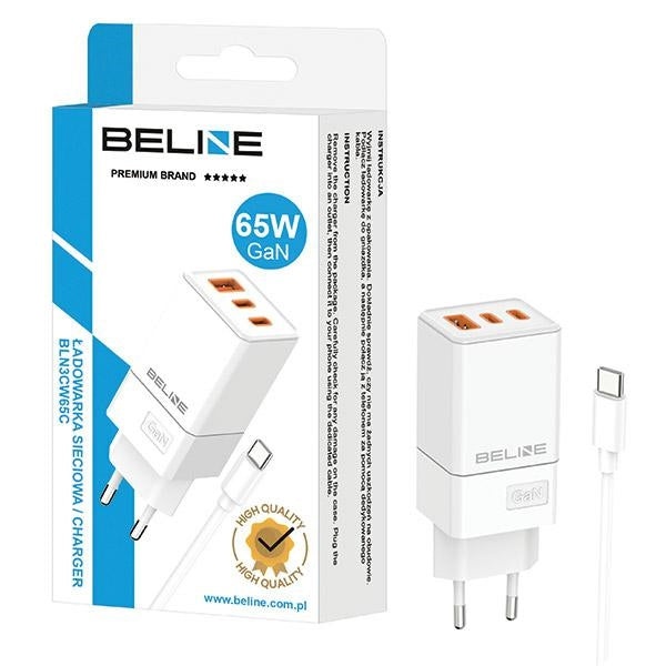 Зарядно Beline 2x USB-C + 1x USB-A 65W+ с кабел, бял, PD 3.0 + QC 3.0, GaN