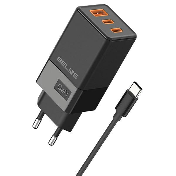 Зарядно Beline 2x USB-C + 1x USB-A 65W+ с кабел, черно, PD 3.0 + QC 3.0, GaN