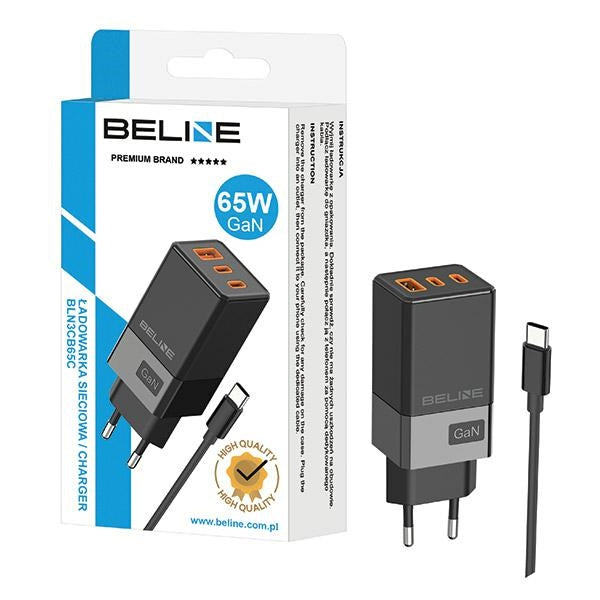 Зарядно Beline 2x USB-C + 1x USB-A 65W+ с кабел, черно, PD 3.0 + QC 3.0, GaN