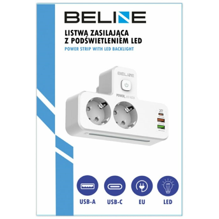 Разклонител Beline с LED подсветка 2xUSB-A/USB-C/2xAC, бял