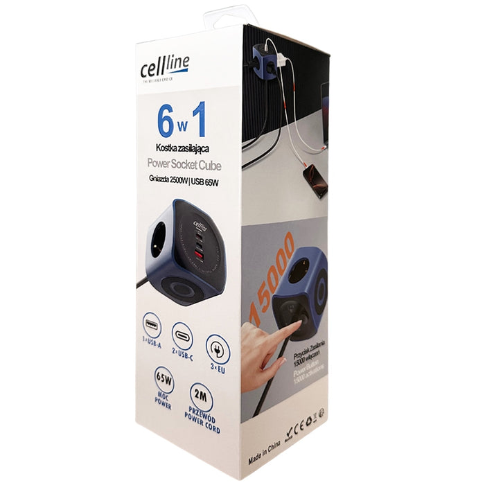 Разклонител Beline Cellline Power Socket Cube 6в1 с 65W, син