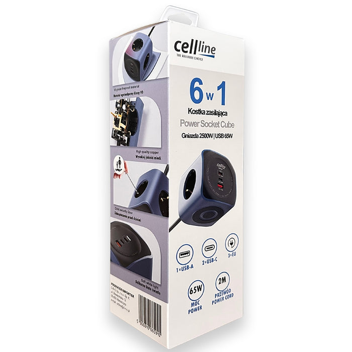 Разклонител Beline Cellline Power Socket Cube 6в1 с 65W, син
