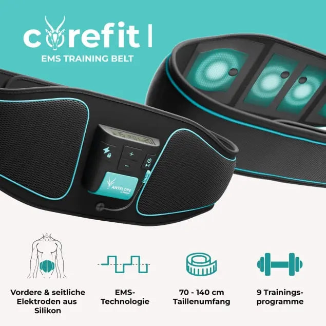 Beurer Antelope Corefit I, Ефективна коремна EMS тренировка на централните и страничните коремни мускули; Електроди: 2x фронтални и 2x странични коремни мускули; 9 тренировъчни програми (20 - 30 мин.); регулируем интензитет /0-40/; коремни обиколки