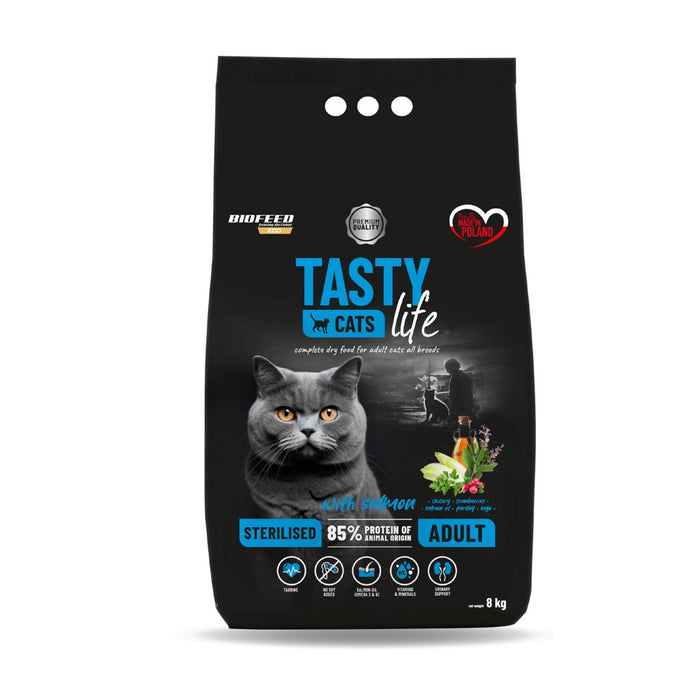 BIOFEED Tasty Cats Life Sterilised Salmon - суха храна за котки - 8 кг