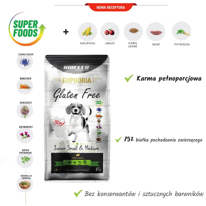 BIOFEED Euphoria Gluten Free Junior small & medium Lamb - суха храна за кучета - 12 кг