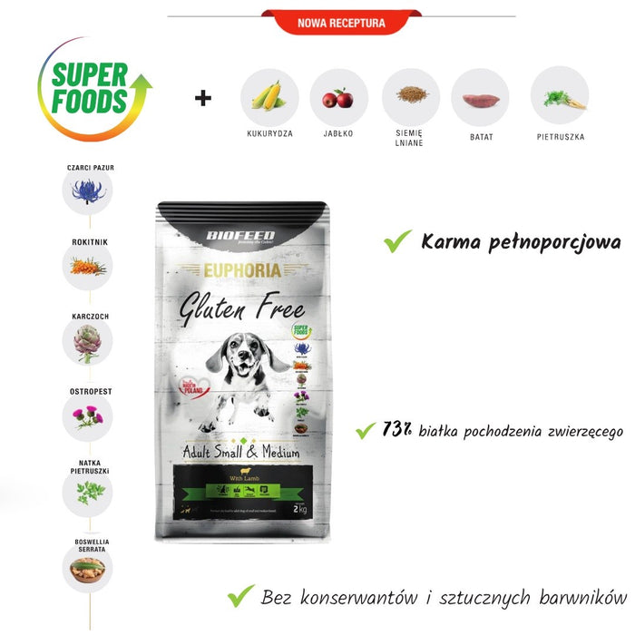 BIOFEED Euphoria Gluten Free Adult small & medium Lamb - суха храна за кучета - 2 кг