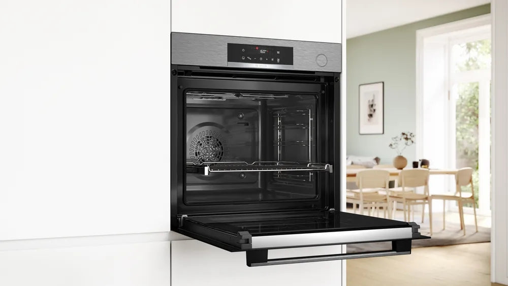 Bosch HRG572ES3 SER4, Пароконвектомат A+, AddSteam, Pyro+Hydro, 8 HM, пълен сензорен контрол, AutoPilot 15, 1 lvl релса, SoftClose&SoftOpen, AirFry тава, инокс