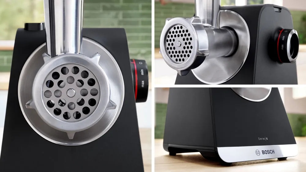 Bosch MFWS640B, SER6, Месомелачка - MultiPower 2100 W, Планетен редуктор, 3,5 кг/мин, приставка за кебе, приставка за колбаси, приставка за нарязване, функция реверс, Черен