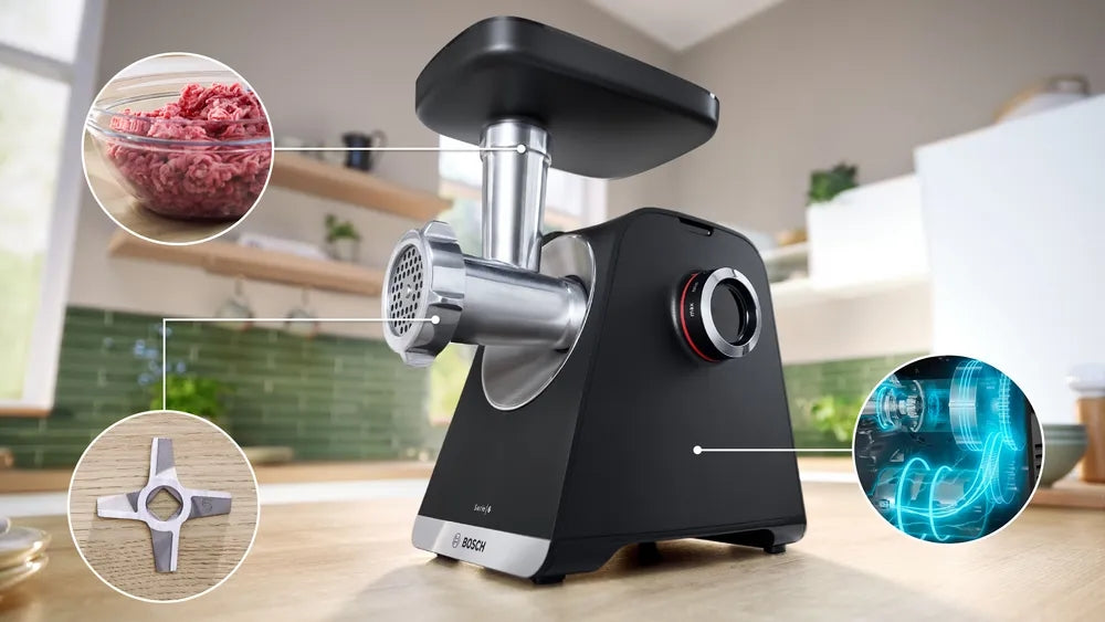 Bosch MFWS640B, SER6, Месомелачка - MultiPower 2100 W, Планетен редуктор, 3,5 кг/мин, приставка за кебе, приставка за колбаси, приставка за нарязване, функция реверс, Черен