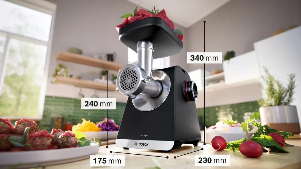 Bosch MFWS640B, SER6, Месомелачка - MultiPower 2100 W, Планетен редуктор, 3,5 кг/мин, приставка за кебе, приставка за колбаси, приставка за нарязване, функция реверс, Черен
