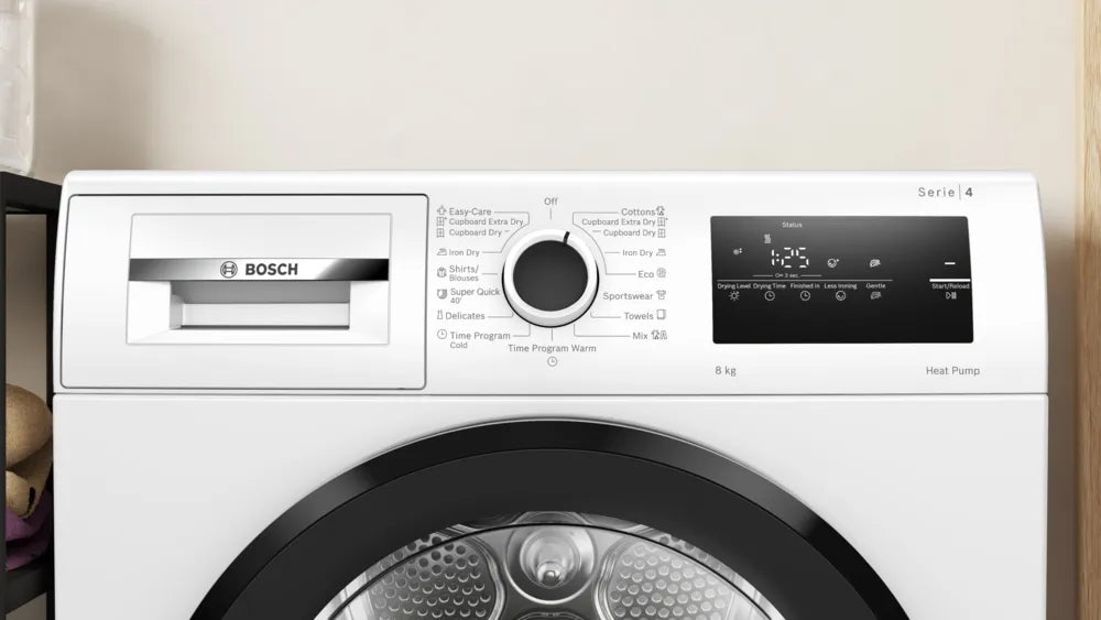 Bosch WTH83255BY, SER4, Сушилня с термопомпа 8 кг, A++/D / B конд., 63dB, easyClean, дренажен комплект съгласно. WTZ1110, бяло сива врата