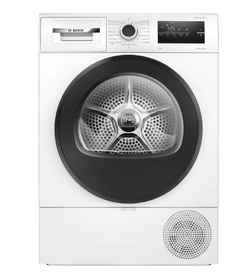 Bosch WTH83255BY, SER4, Сушилня с термопомпа 8 кг, A++/D / B конд., 63dB, easyClean, дренажен комплект съгласно. WTZ1110, бяло сива врата