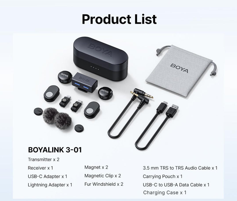 Безжична система микрофони BOYA BOYALINK 3-01 with lightning+USB-C +3.5mm TRS plug