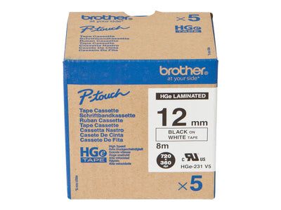 BROTHER HGE231V5 5x касета с лента 12mmx8m бял черен ламинат за P-touch P500PC 9700PC 9800PCN RL700S 5 пакета