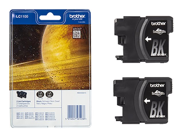 BROTHER LC-1100 черна касета с мастило стандартен капацитет 2 x 9,5 ml 2 x 450 страници 2 пакета блистер без аларма