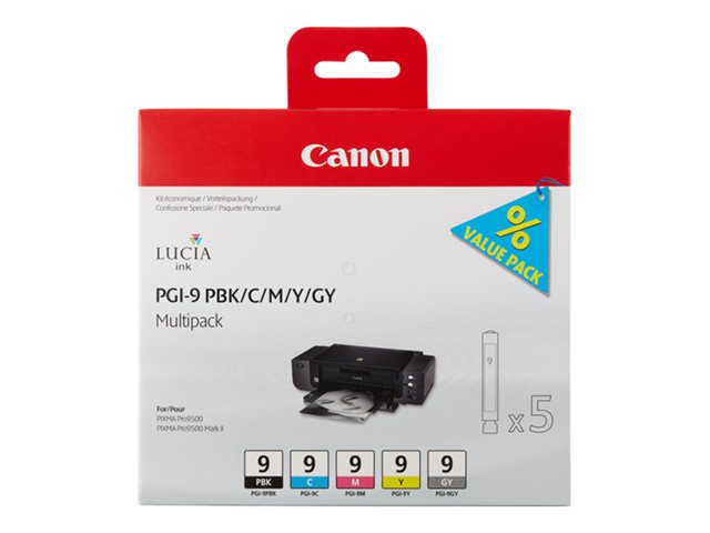 CANON 1LB PGI-9 PBK CMY GY касета с мастило черен и четирицветен стандартен капацитет комбиниран блистер с аларма