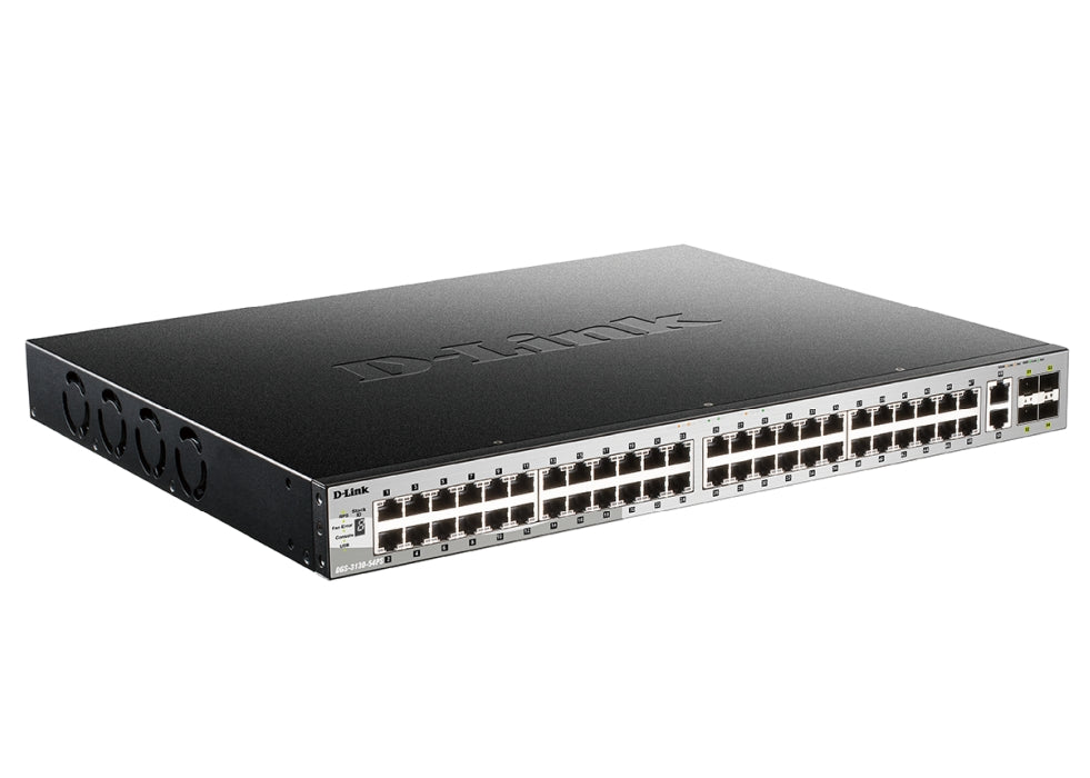 D-Link 48x10/100/1000BASE-T PoE портове (370W бюджет) Layer 3 Stackable Managed Gigabit Switch with 2x10GBASE-T ports and 4xSFP+ ports