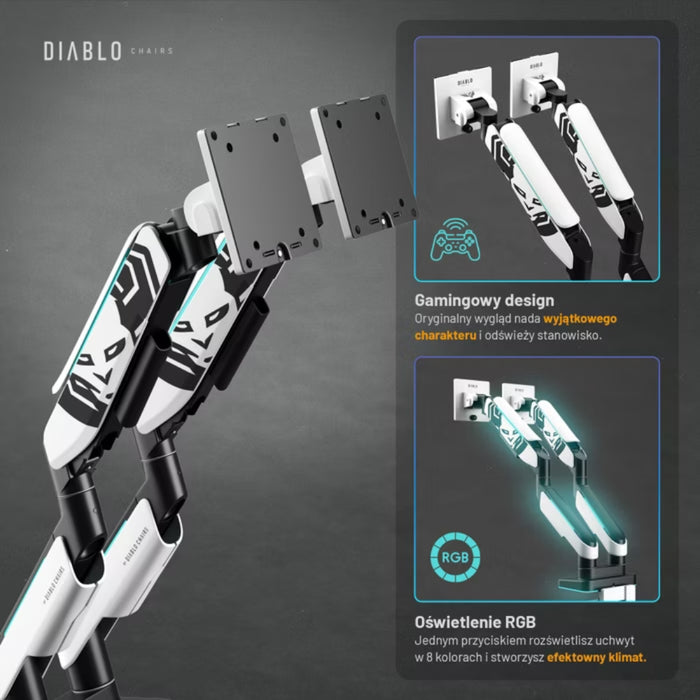 Двойна поддържаща скоба Diablo X-Arm Dual за монитори 35", RGB, бяло-черна