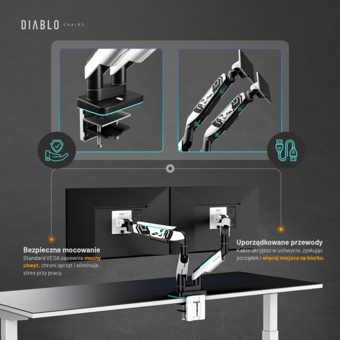 Двойна поддържаща скоба Diablo X-Arm Dual за монитори 35", RGB, бяло-черна