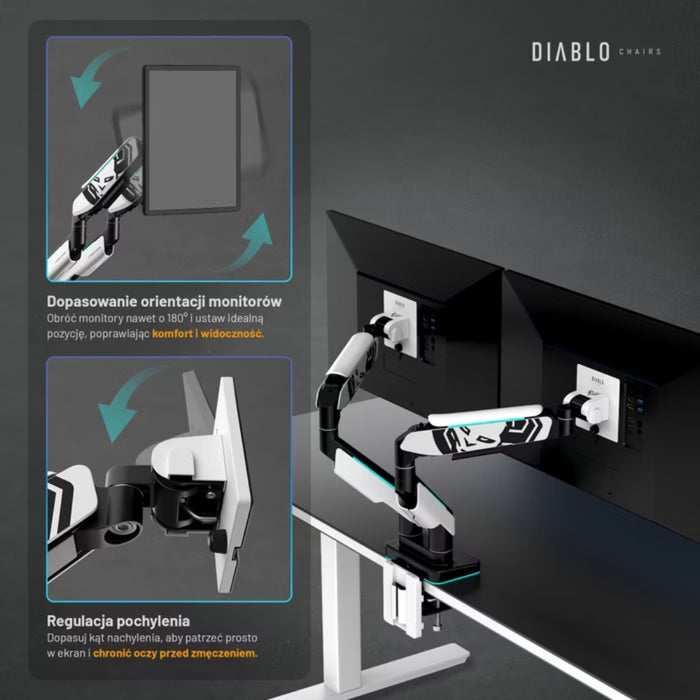 Двойна поддържаща скоба Diablo X-Arm Dual за монитори 35", RGB, бяло-черна