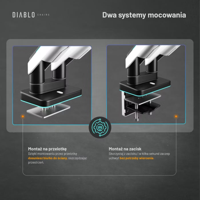 Двойна поддържаща скоба Diablo X-Arm Dual за монитори 35", RGB, бяло-черна