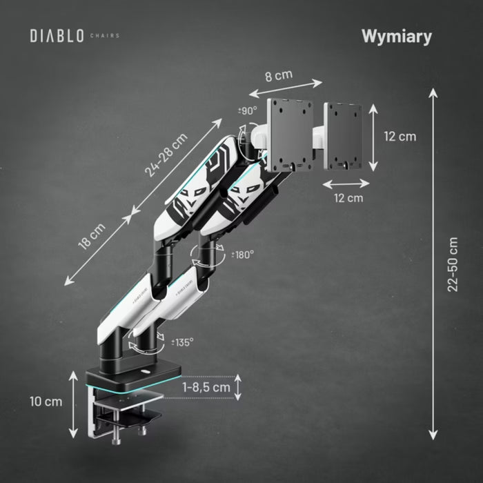 Двойна поддържаща скоба Diablo X-Arm Dual за монитори 35", RGB, бяло-черна