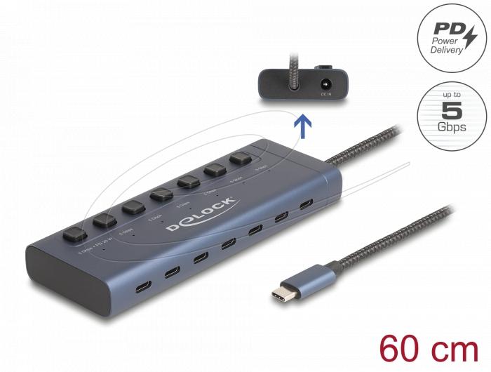 Delock USB Хъб, 7 x USB Type-C, 5 Gbps, 6 x Data USB-C, 1 x PD 20W