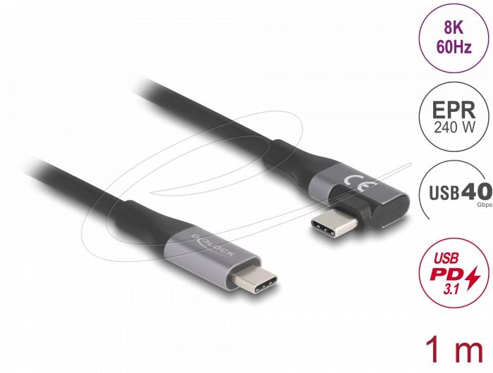 Delock USB-C Кабел 90&deg;, 40 Gbps USB PD 3.1, 240W, 1 m