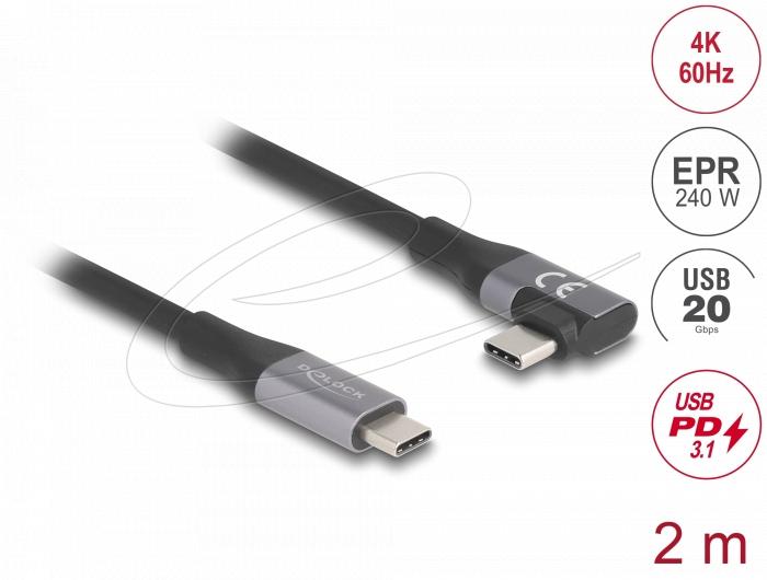 Delock USB-C Кабел 90&deg;, 20 Gbps USB PD 3.1, 240W, 2 m