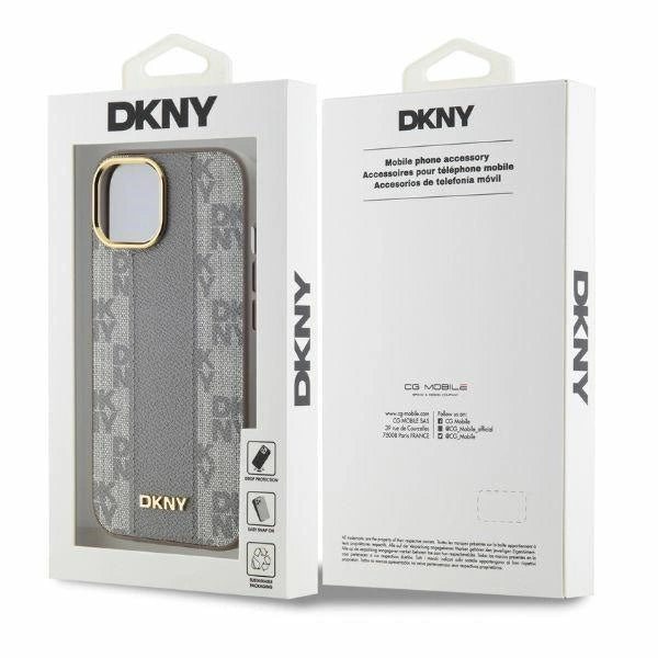 DKNY кожен кариран мономоно калъф MagSafe за iPhone 15 - бежов