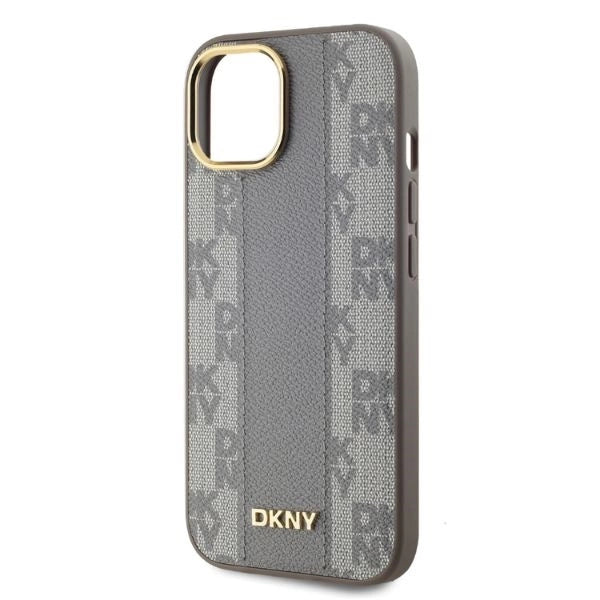 DKNY кожен кариран мономоно калъф MagSafe за iPhone 15 - бежов