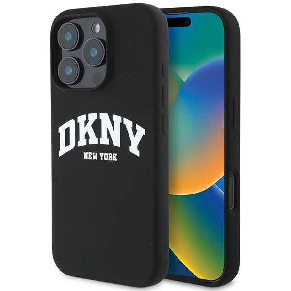 DKNY Силиконов бял щампован лого MagSafe Калъф за iPhone 16 Pro - черен