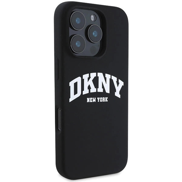 DKNY Силиконов бял щампован лого MagSafe Калъф за iPhone 16 Pro - черен
