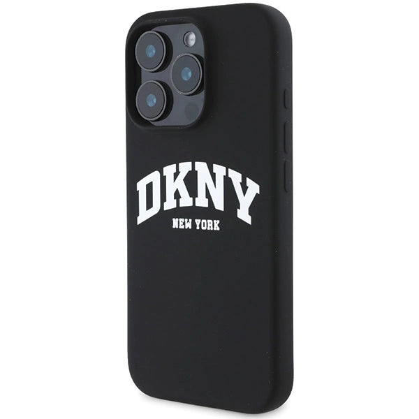 DKNY Силиконов бял щампован лого MagSafe Калъф за iPhone 16 Pro - черен