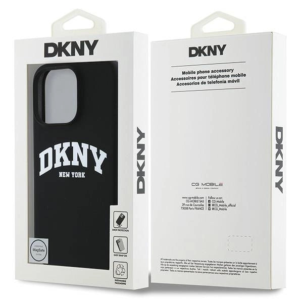 DKNY Силиконов бял щампован лого MagSafe Калъф за iPhone 16 Pro - черен