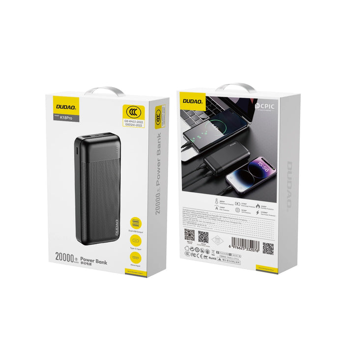 Преносима батерия Powerbank Dudao K18 Pro 20000mAh USB-A / USB-C / Micro USB - черен
