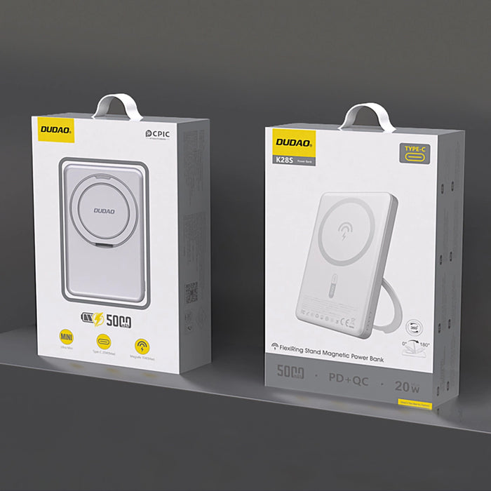 Dudao K28 10000mAh PD 22.5W MagSafe Преносима батерия Powerbank с метален корпус и стойка за пръстени - сребрист