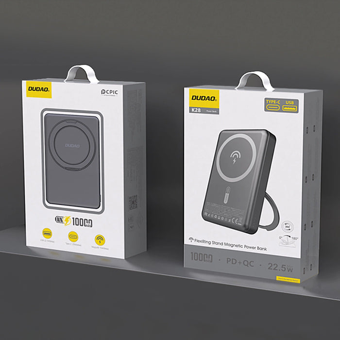 Dudao K28 10000mAh PD 22.5W MagSafe Преносима батерия Powerbank с метален корпус и стойка за пръстен - сив
