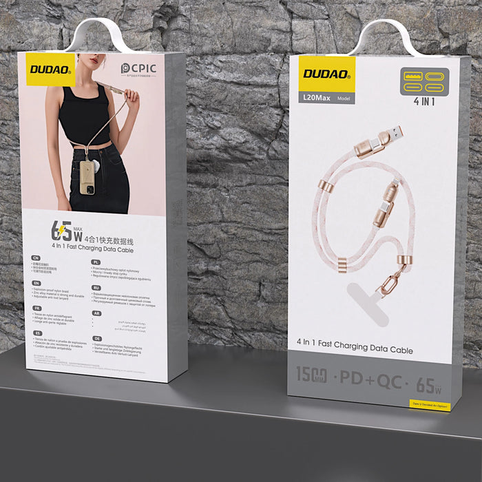 Dudao L20MAX 4в1 кабел / шнур USB-A / USB-C / Lightning PD QC 65W 1.5m - розов