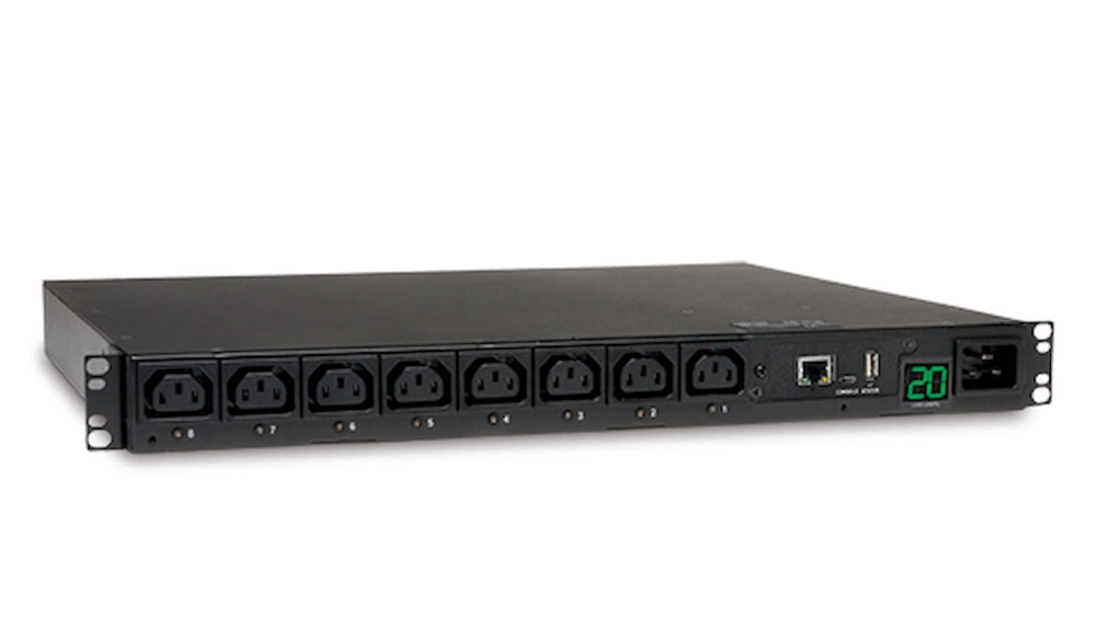 Tripp Lite от Eaton 3.7kW еднофазен 208/230V превключван PDU - LX платформа, 8 C13 изхода, C20 вход с L6-20P адаптер, 2.4m кабел, 1U монтаж в шкаф, TAA