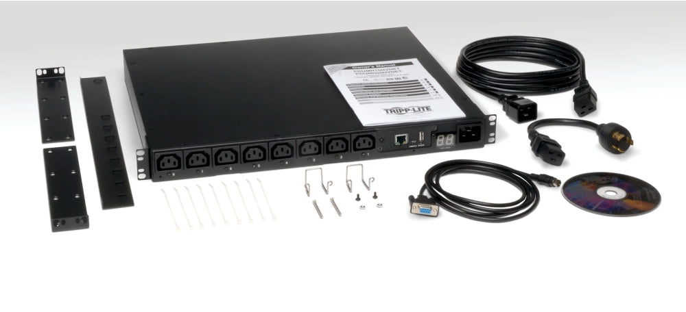 Tripp Lite от Eaton 3.7kW еднофазен 208/230V превключван PDU - LX платформа, 8 C13 изхода, C20 вход с L6-20P адаптер, 2.4m кабел, 1U монтаж в шкаф, TAA