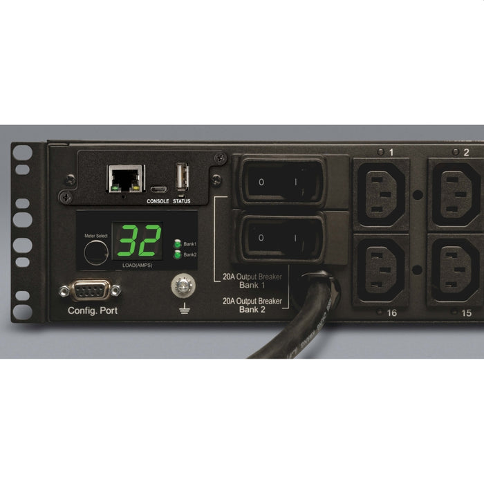 Tripp Lite от Eaton 7,4kW еднофазен комутируем PDU, LX интерфейс, 230V контакти (16-C13), IEC-309 синьо 230V 32A, 3,6m кабел, 2U монтаж в шкаф, TAA