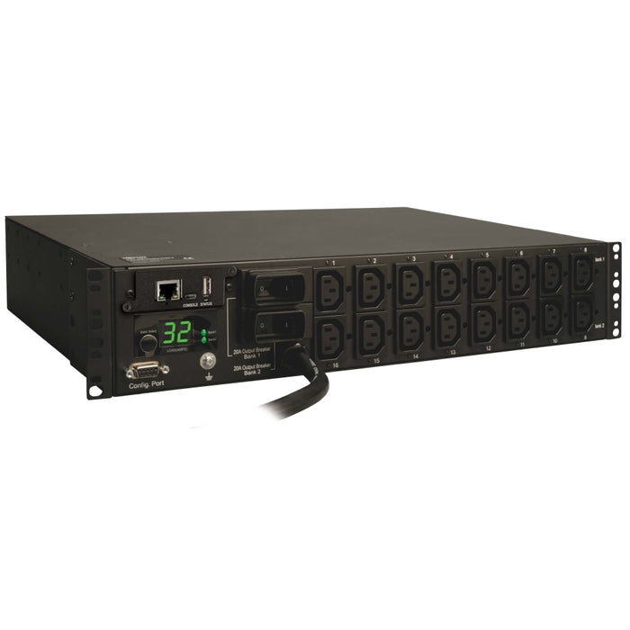 Tripp Lite от Eaton 7,4kW еднофазен комутируем PDU, LX интерфейс, 230V контакти (16-C13), IEC-309 синьо 230V 32A, 3,6m кабел, 2U монтаж в шкаф, TAA