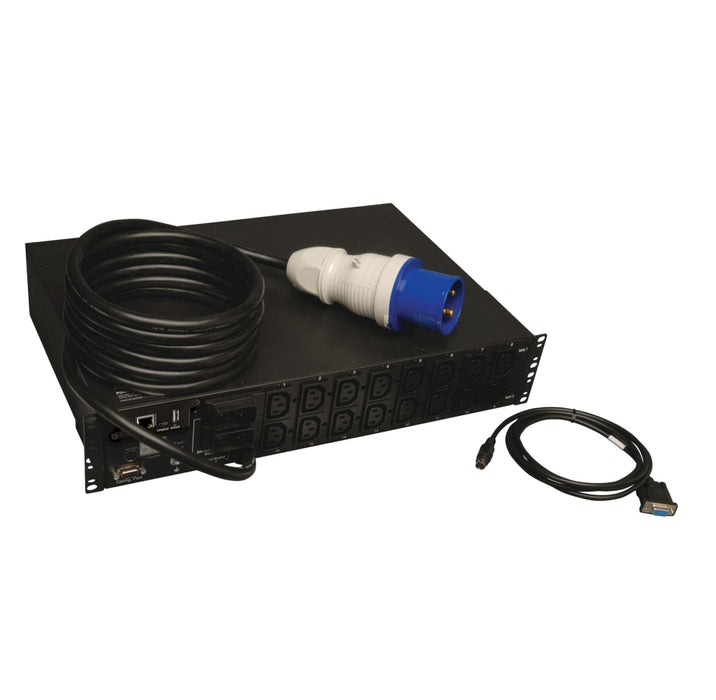 Tripp Lite от Eaton 7,4kW еднофазен комутируем PDU, LX интерфейс, 230V контакти (16-C13), IEC-309 синьо 230V 32A, 3,6m кабел, 2U монтаж в шкаф, TAA