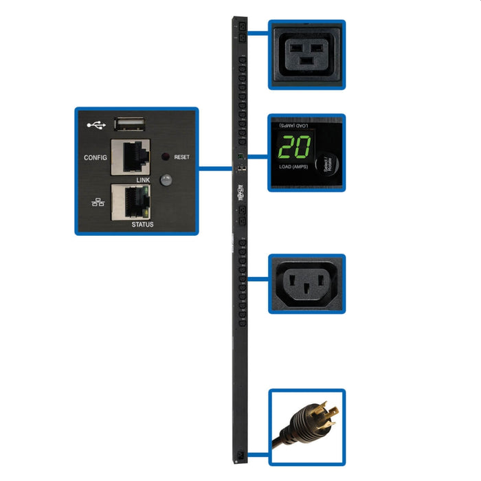 Tripp Lite от Eaton 3,7kW еднофазен комутируем PDU - LX интерфейс, 208/230V изходи (20 C13 & 4 C19), C20/L6-20P, 0U, TAA