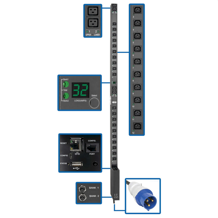 Tripp Lite от Eaton 7,7kW еднофазен комутируем PDU с LX платформен интерфейс, 230V изход, IEC 309 32A синьо, 10 фута (3,05 м) кабел, 0U, TAA